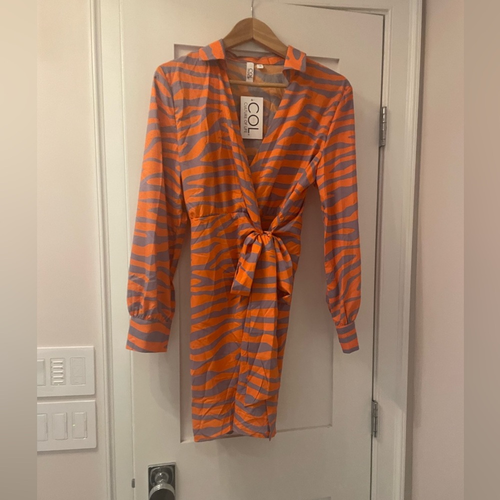 COL 1972 orange and lavender wrap mini dress with tie closure. Size S. NWT
